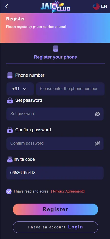 jai club registration process screen mobile number password signup
